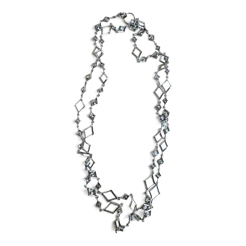 Vintage CAROLEE Signed Long Station Necklace Silver Tone Geometric Crystal Link